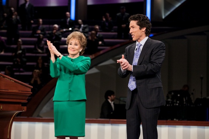 Former Senator Elizabeth Dole and Pastor Joel Osteen at Lakewood Church Houston, Texas on Sunday, April 27, 2014.