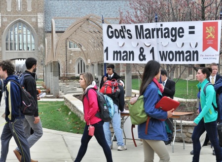 The conservative Roman Catholic organization TFP Student Action holding a pro-traditional marriage table at the campus of the University of Notre Dame in April 2014.