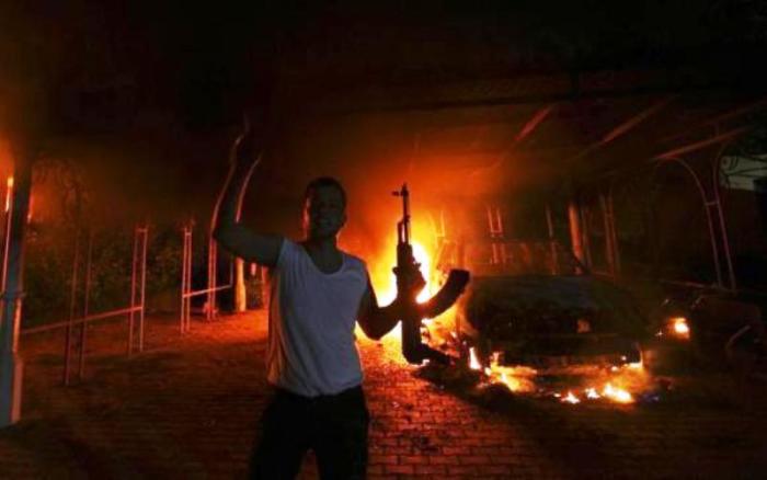 The U.S. Consulate in Benghazi is seen in flames during a terrorist attack on Sept. 11, 2012.