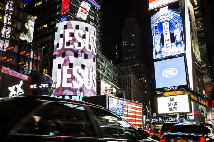 Hillsong 'takes over' Times Square in New York City on Thursday, April 24, 2014, by promoting 'Jesus' and 'No Other Name,' the name of Hillsong Live's upcoming album and the church's 2014 conference theme, on digital billboards.