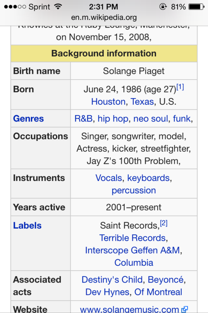 A Twitter user altered Solange Knowles' Wikipedia page as a joke after her infamous fight with Jay Z came to light Monday, May 12, 2014.