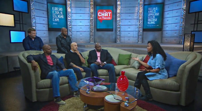 (Clockwise) Michael Boggs, Anthony Evans, Jerry Shirer, Carlos Whittaker, and Michael Jr. appear on 'The Chat' with host Priscilla Shirer.