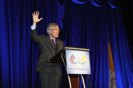 Robert P. George, McCormick Professor of Jurisprudence at Princeton University and chair of the U.S. Commission on International Religious Freedom, delivers the 'lay guest speaker' address at the 10th annual National Catholic Prayer Breakfast, Washington, D.C., May 13, 2014.