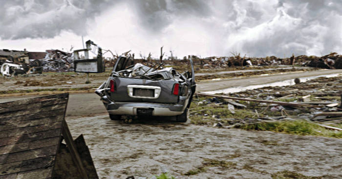 The destruction left behind by a powerful tornado that ripped through Moore, Oklahoma, on May 20, 2013, is seen in this video still taken from the documentary 'Where Was God?'