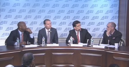 'Solutions for the middle class: The new conservative policy thinking,' panel at American Enterprise Institute, (L to R) Sen. Tim Scott, Sen. Mike Lee, Rep. Eric Cantor, AEI President Arthur Brooks, Washington, D.C., May 22, 2014.