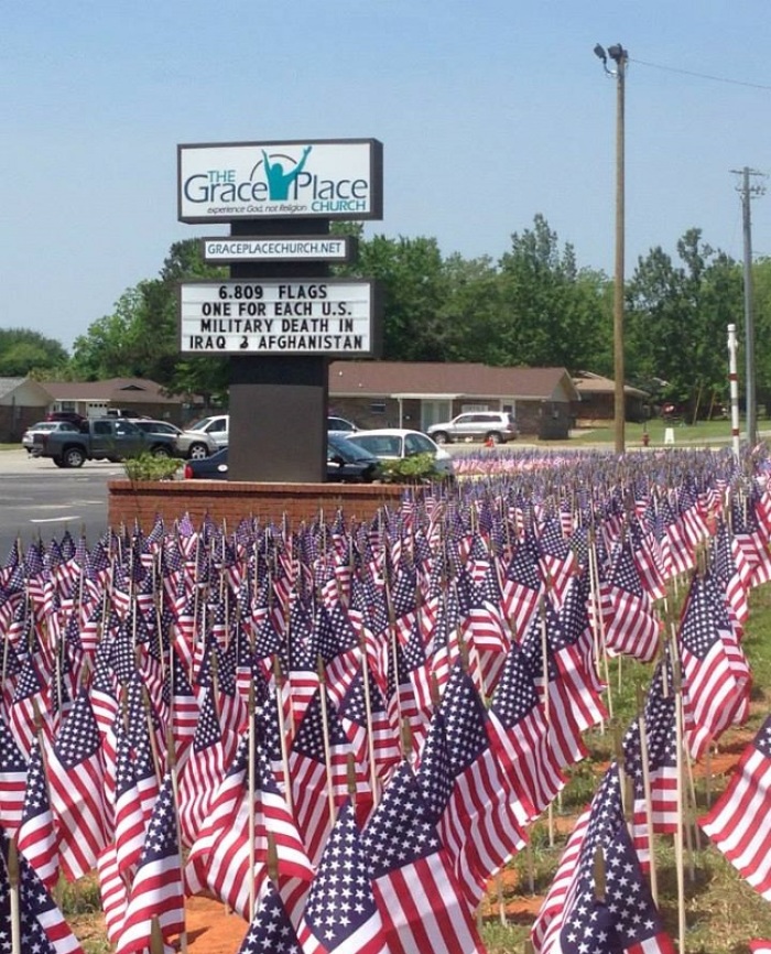 Grace Place Church of Enterprise, Alabama placed 6,809 American flags on their property during Memorial Day Weekend 2014 in memory of the 6,809 Americans killed in Iraq and Afghanistan since 2003.