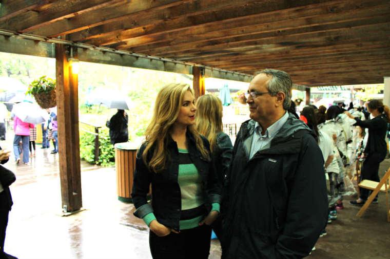 Victoria Osteen speaks with Bronx Zoo Director Jim Breheny in the Bronx borough of New York City on Thursday, June 5, 2014, as part of Joel Osteen Miniseries's Generation Hope Project outreach.