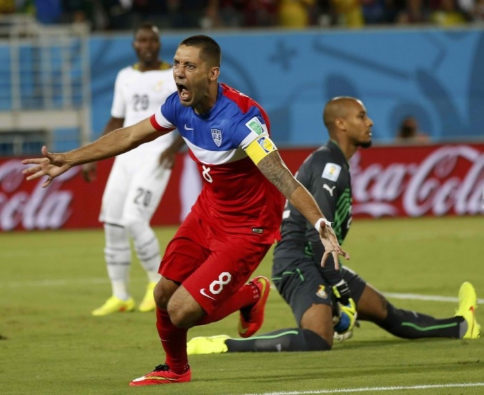 Clint Dempsey of the U.S. celebrates after scoring their first goal during their 2014 World Cup Group G soccer match against Ghana at the Dunas arena in Natal June 16, 2014.