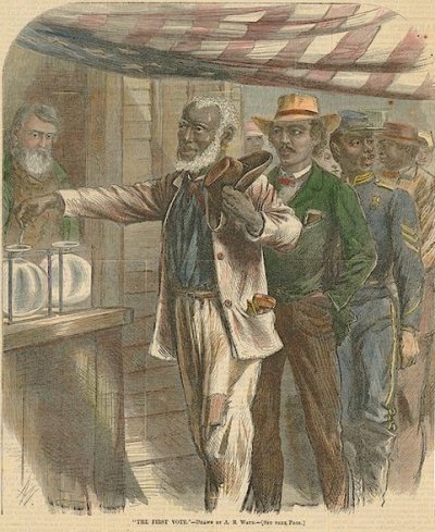 Illustration of blacks voting during the Reconstruction Era (1865-1877).