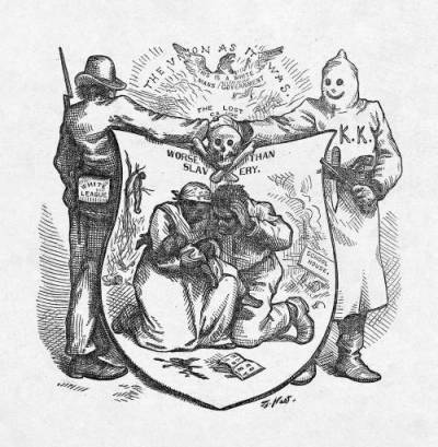 Nineteenth century political cartoon about Ku Klux Klan violence against blacks.