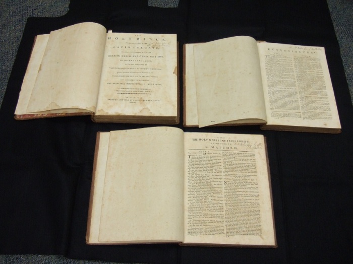 The three-volume Bible owned by Rev. Stephen Badin, the first Catholic priest ordained in the United States of America.