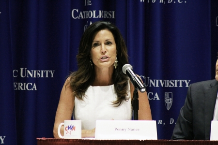 Penny Nance, president of Concerned Women for America, on a panel discussion following Sen. Marco Rubio's remarks on values, culture and poverty at the Catholic University of America, Washington, D.C., July 23, 2014.