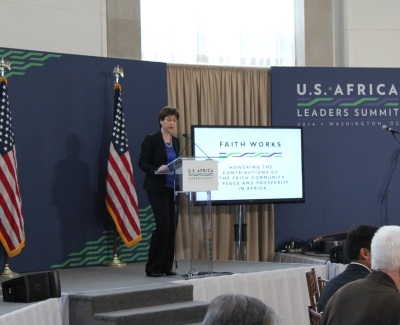 Melissa Rogers, executive director of the White House Office of Faith-based and Neighborhood Partnerships, giving remarks at the U.S. Agency for International Development (USAID) event 'Faith Works: Honoring the Contributions of the Faith Community to Peace and Prosperity in Africa,' held at the Ronald Reagan Building in Washington, Aug. 1, 2014.