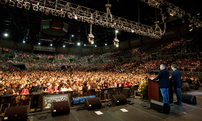 Franklin Graham faces the crowd at one of his nationwide festivals.