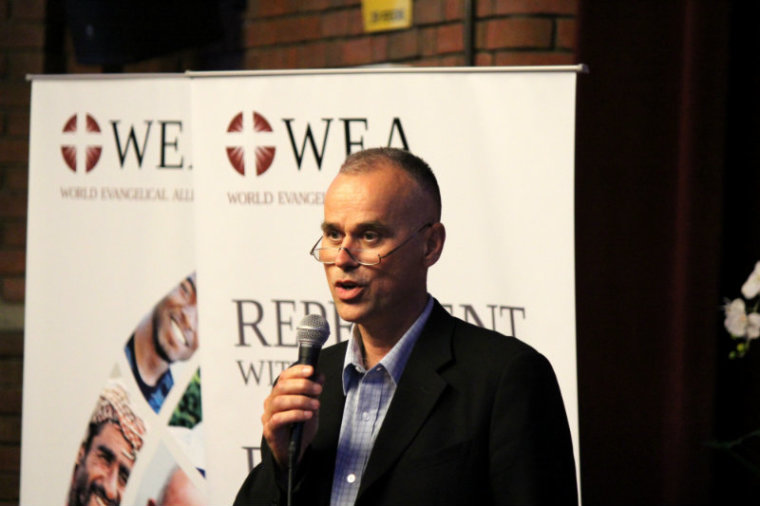 The Rev. Harry Tees, WEA Ambassador to the Holy Land, makes remarks at 'A Call to Prayer for the Middle East' event on Aug. 15, 2014. The event was hosted by the World Evangelical Alliance at the Salvation Army International Social Justice Commission in New York City.