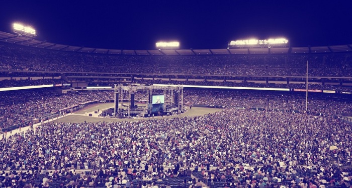 An overflow crowd of 47,000 people attended 2014 SoCal Harvest on the closing evening of the 3-night evangelistic outreach at Angel Stadium in Anaheim, Calif., Aug. 17, 2014.