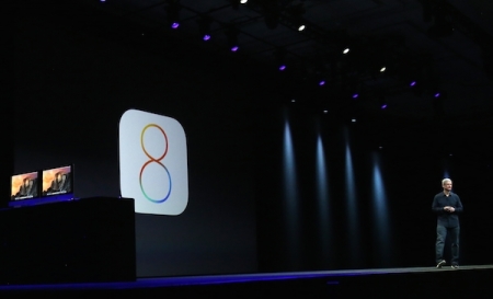 Apple CEO Tim Cook during the 2014 WWDC keynote focusing the iOS8