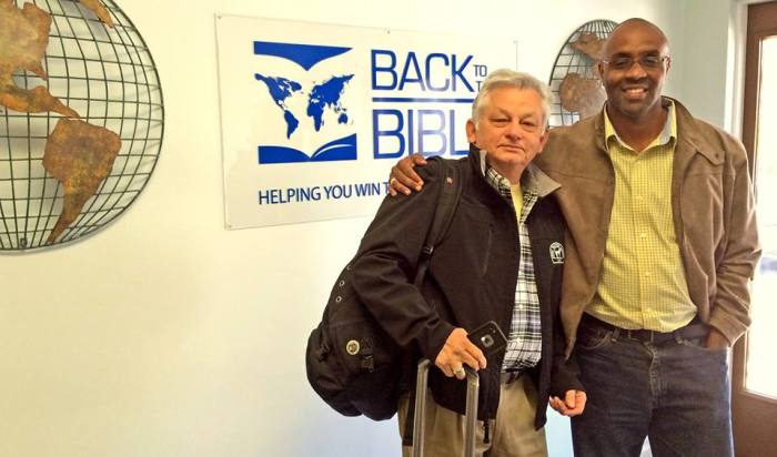 Back to the Bible CEO, Dr. Arnie Cole (l), enjoying a visit with Jamaican Director, Nigel Wilkinson (r), at the organization's Charlotte office in North Carolina.