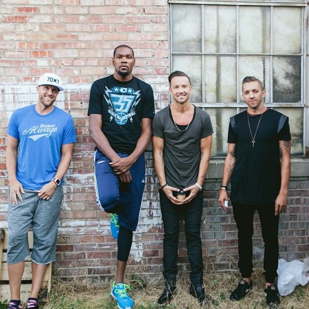 (L-R)Adam Harrington, Kevin Durant, Pastor Carl Lentz visit Pastor Levi Lusko at the Fresh Life Church in Kalispell, Mont.