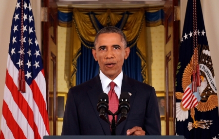 U.S. President Barack Obama delivers a live televised address to the nation on his plans for military action against the Islamic State, from the Cross Hall of the White House in Washington, Sept. 10, 2014.