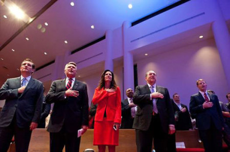 (l-r) Sen. Ted Cruz (R-Texas); Dr. Mark Harris, senior pastor of First Baptist Church in North Carolina; Penny Nance, CEO and president of Concerned Women for America; Mike Huckabee, former Arkansas governor; and Tony Perkins, president of Family Research Council at the Star Spangled Sunday event celebrating the 200th anniversary of America's National Anthem at First Baptist Church in Charlotte, North Carolina, on Sunday, Sept. 14, 2014.