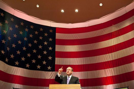 Mike Huckabee, former Arkansas governor at the Star Spangled Sunday event celebrating the 200th anniversary of America's National Anthem at First Baptist Church in Charlotte, North Carolina, on Sunday, Sept. 14, 2014.