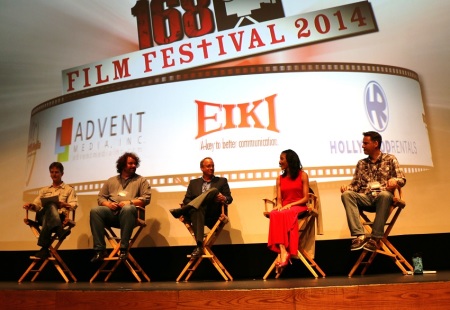 Panelists including 168 Film Project and Festival executive director John David Ware (L) discuss the state of Christian films and how the Christian community, including pastors, can engage in the film making process. The media panel discussion took place during the film festival's 12th annual event at the Aratani Japanese Theater in downtown Los Angeles, Sept. 14, 2014.