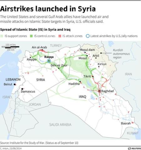 Map of Iraq and Syria showing the Islamic State's area of control, support, and attack zones. Includes location of latest air strikes.