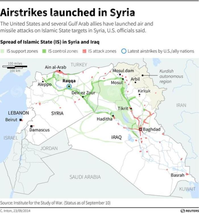 Map of Iraq and Syria showing the Islamic State's area of control, support, and attack zones. Includes location of latest air strikes.