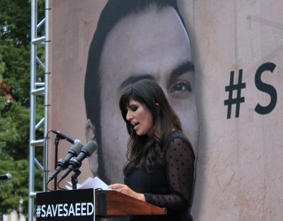 Naghmeh Abedini, wife of imprisoned Iranian-American Pastor Saeed Abedini, gives remarks at a vigil for her husband held at Lafayette Square near the White House, Washington, Thursday, September 25, 2014.