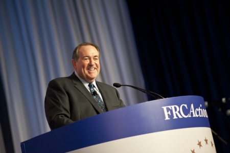 Mike Huckabee, former Arkansas governor and host of Fox News' 'Huckabee,' speaking at the Values Voters Summit at the Omni Shoreham Hotel in Washington, DC on Friday, September 26, 2014.