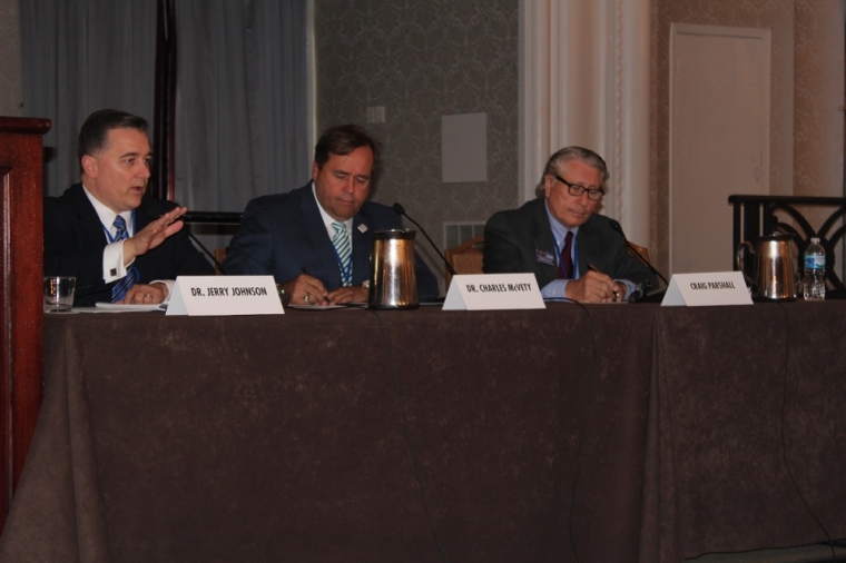 Jerry Johnson, president of National Religious Broadcasters; Charles McVety, president of Canada Christian College; and Craig Parshall, senior vice president and general counsel at the NRB discuss freedom of speech in the United States at the Family Research Council's Values Voter Summit in Washington, Saturday, September 27, 2014.