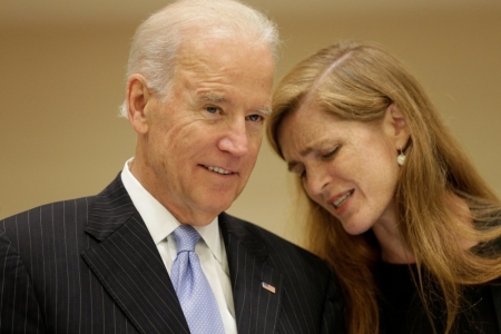 U.S. Vice President Joe Biden talks with U.S. Ambassador to the United Nations Samantha Power before a high-level summit on strengthening international peace operations during the 69th session of the United Nations General Assembly at the United Nations headquarters in New York, September 26, 2014.