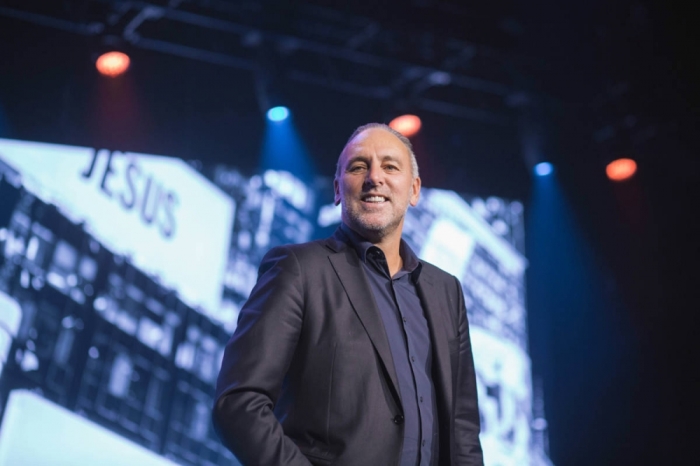 Hillsong Church's founder, Brian Houston, appears on stage during Hillsong's 2014 conference in New York City at The Theater at Madison Square Garden.