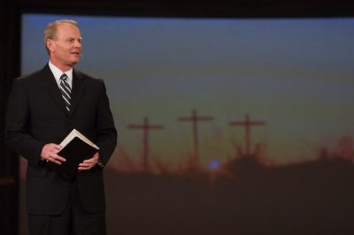 Pastor Steve Riggle addresses his congregation at the Grace Community Church in Houston.