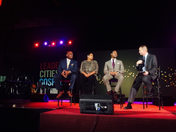 (L-R) Gary Frost, vice president Midwest Region, North American Mission Board, Cleveland, Ohio; Lynette Frost, family readiness coordinator, Youngstown City Schools, Youngstown, Ohio; Charles Jenkins, senior pastor, Fellowship Missionary Baptist Church, Chicago, Illinois and Jim Liske, president & CEO, Prison Fellowship Ministries, Lansdowne, Virginia discuss caring for the fatherless and underserved in church communities at the Movement Day 2014 conference in New York City, Thursday Oct. 23, 2014.