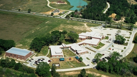 An aerial view of Windwood Presbyterian Church of Houston, Texas.