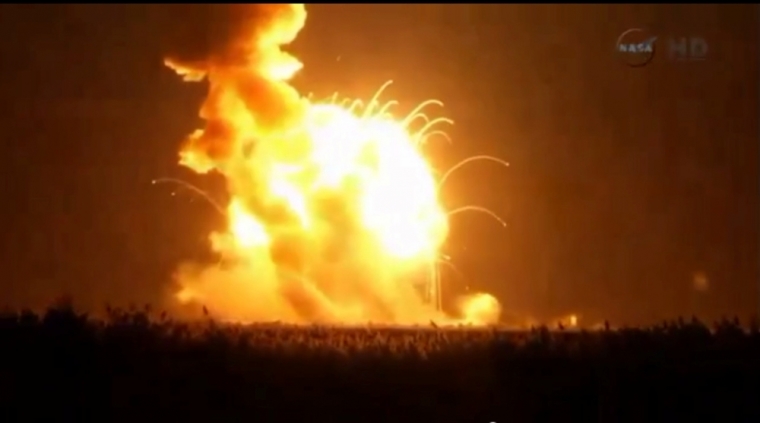 An unmanned Antares rocket is seen exploding seconds after lift off from a commercial launch pad in this still image from NASA video at Wallops Island, Virginia, October 28, 2014.