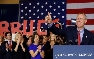 Republican Bruce Rauner gives a thumbs-up after winning the midterm elections in Chicago, Illinois, November 4, 2014.