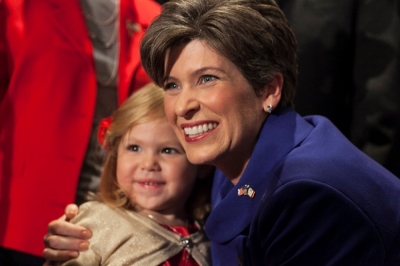 Republican Senator Joni Ernst reacts after the results of the Senate race in the U.S. midterm elections in West Des Moines, Iowa, November 4, 2014.