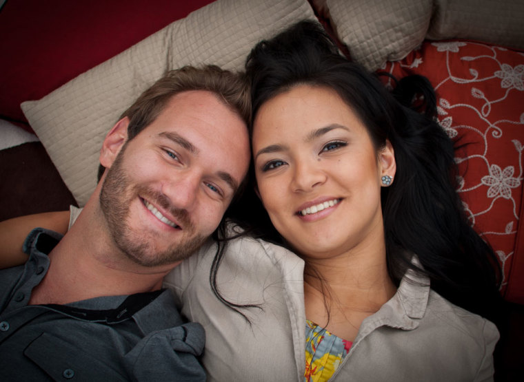 Limbless evangelist and inspirational speaker Nick Vujicic with his wife, Kanae. The couple released their book, 