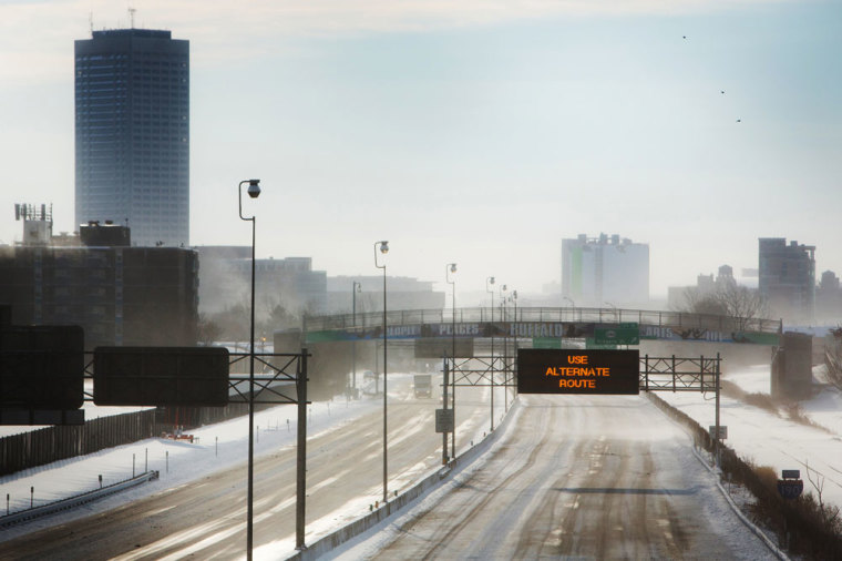 Snow blows across Route 190 in Buffalo.