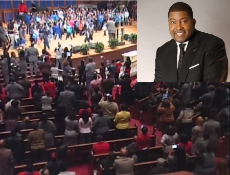 Members of the 138-year-old The House of Hope Atlanta (Greater Travelers Rest) church in Decatur, Georgia dance to secular music in the sanctuary during the church intergenerational celebration. Pastor E. Dewey Smith (inset).