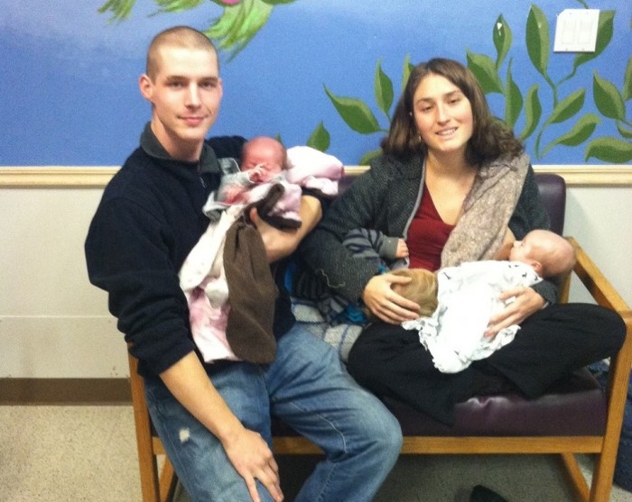 Christian couple Erica May Carey and Cleave Rengo with their three children One-year-old Levi and 2-month-old twins Morna Kai and Daniel