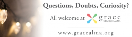 Grace church billboard graphic reading 'Questions, Doubts, Curiosity? All welcome at Grace,' put up in December, 2014 in Alma, Arkansas