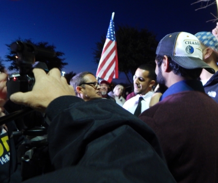 Protesters and counter-protesters debate about Shariah Law, Islam in America and the messages conveyed at the 'Stand with the prophet against hate and terror' event sponsored by Sound Vision Foundation to 'challenge growing Islamophobia in American society,' at the Garland Independent School District's Curtis Culwell Center in Garland, Texas, January 17, 2015.