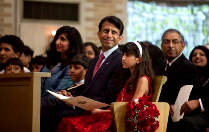 Louisiana Governor Bobby Jindal attends a Catholic mass.