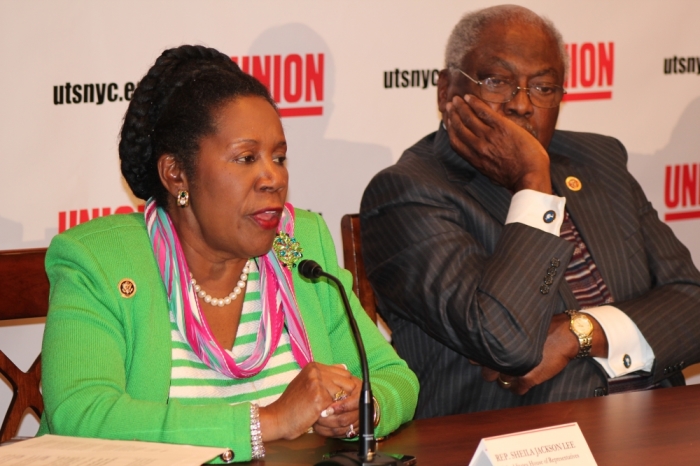 Rep. Sheila Jackson Lee, D-Texas, (left) speaks at the first-ever Congressional Faith Orientation hosted by the Union Theological Seminary on Capitol Hill on January 27, 2015.