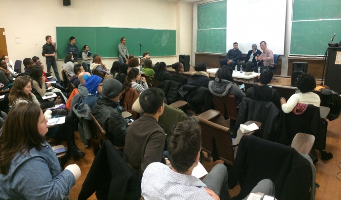 (L-R) Kenneth Hart, pastor of Evangelism & Community at Christ Crucified Fellowship Church; Anthony B. Bradley, associate professor of Theology and Ethics, The King's College; and Joseph Tsang, senior pastor of Vision Church in Manhattan, New York, talk with students on the issue of 'Race and The Gospel' at Columbia University's Morningside campus in New York City, Thursday, February 5, 2015.