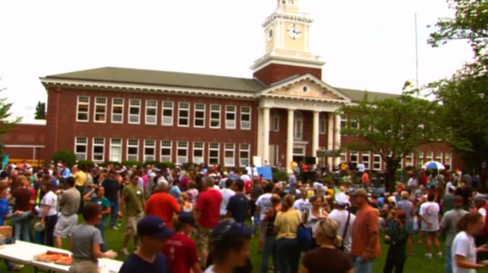 Over 1,500 people gather for a community clean-up day at Roosevelt High School in Portland, Oregon, in June 2008.